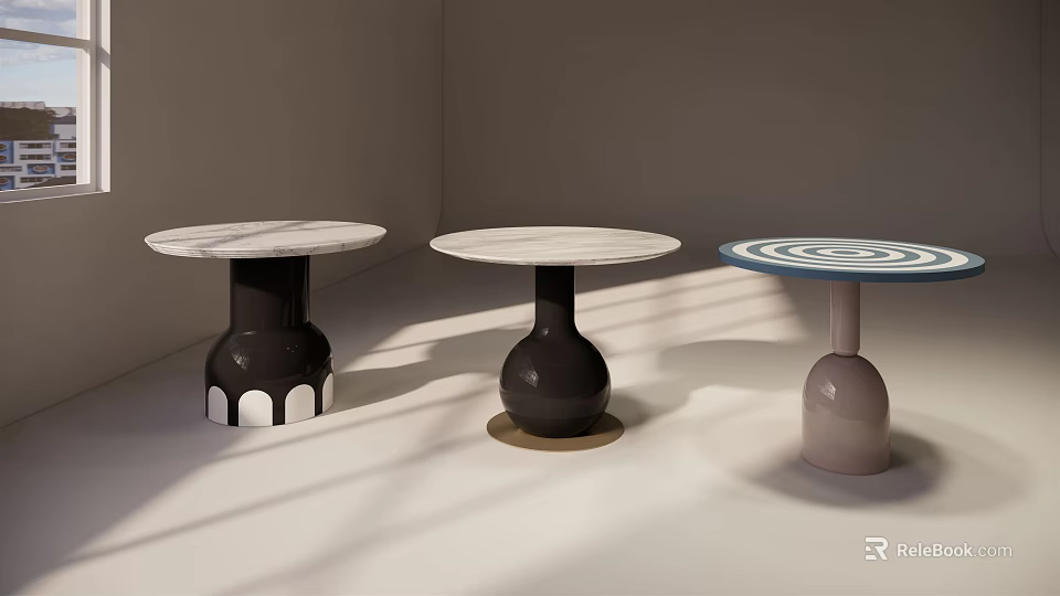 Round Dining Tables With Marble Tabletop And Various Designed Legs In Black Brown Pink 3d model 