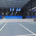 Indoor Sports Fitness Venue With Multiple Tennis Courts Blue Flooring Ceiling Lights And Side Banners