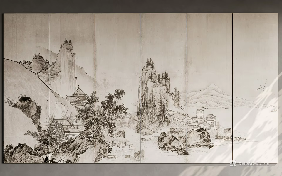 Screen Style Decorative Wall Panels With Landscape And Ancient Architecture Patterns 3d model 