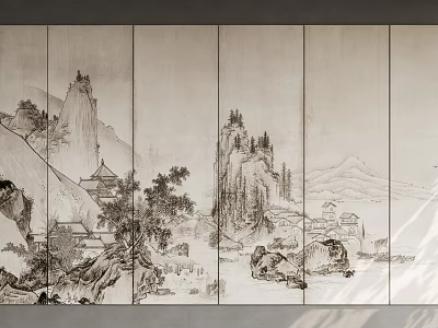 Screen Style Decorative Wall Panels With Landscape And Ancient Architecture Patterns 3d model