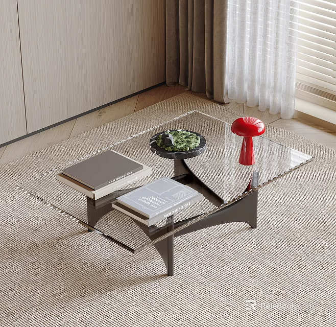 Modern Glass Coffee Table With Two Books Plate Green Vegetables And Red Mushroom Shaped Object 3d model 
