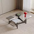 Modern Glass Coffee Table With Two Books Plate Green Vegetables And Red Mushroom Shaped Object