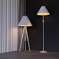 Two Modern Floor Lamps With Tripod And Stand Bases White Lampshades Gray Curtains Dark Wall