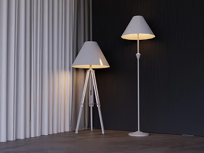 Two Modern Floor Lamps With Tripod And Stand Bases White Lampshades Gray Curtains Dark Wall 3d model