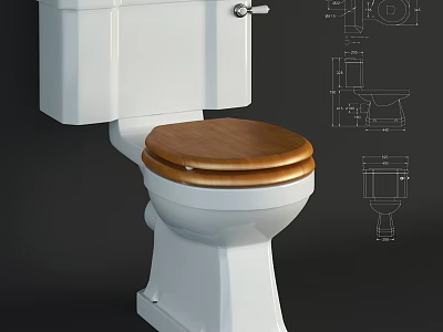 White Toilet With Wooden Seat And Design Diagrams For Bathroom 3d model