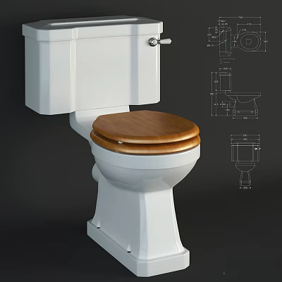 White Toilet With Wooden Seat And Design Diagrams For Bathroom 3d model