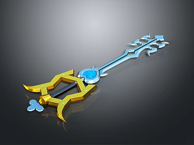 Blue And Gold Key Shaped Weapon With Decorative Blue Gem Elements 3d model