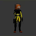 3D Anthropomorphic Red Fox Character In Black Yellow Suit Holding Weapon
