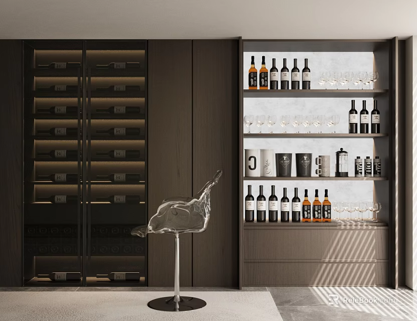 Modern Wine Cabinet with Dark Wood Shelves Displaying Wine Bottles and Glasses 3d model 