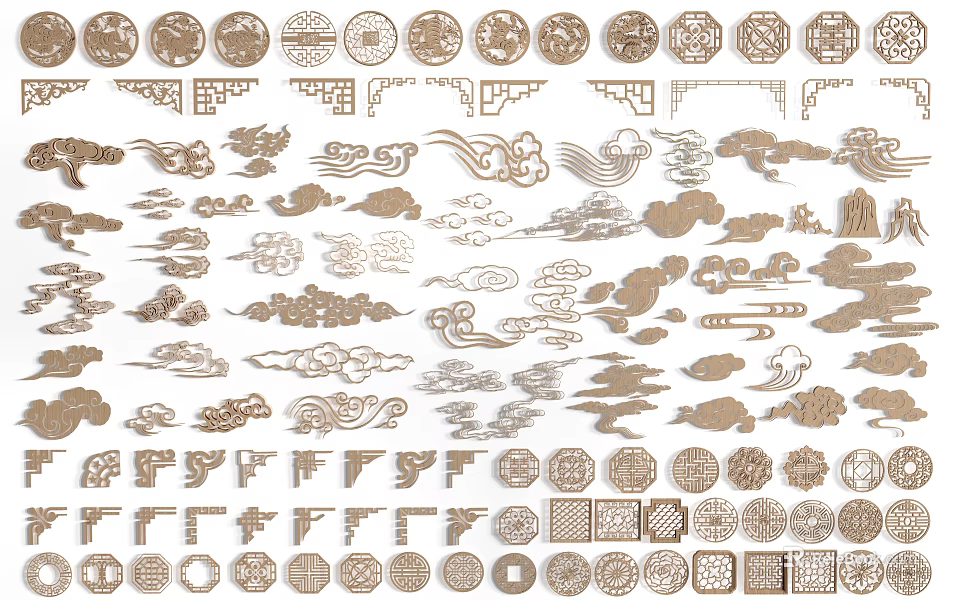 Traditional Chinese Decorative Patterns With Cloud Motifs Circular And Geometric Designs 3d model