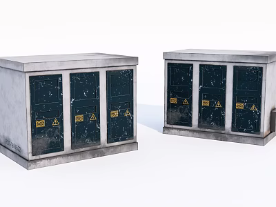 Industrial Metal Equipment Units With Enclosed Cabinets And Yellow Warning Signs 3d model