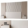 Modern Bedroom Interior With Geometric Panel Wall Light Beige Headboard And Wooden Nightstands