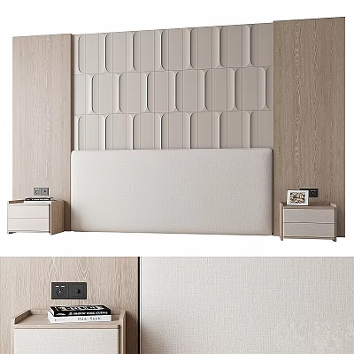 Modern Bedroom Interior With Geometric Panel Wall Light Beige Headboard And Wooden Nightstands 3d model
