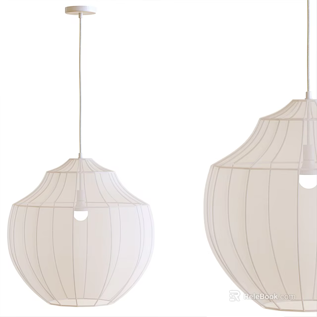 Modern Minimalist Pendant Lights With White Fabric Striped Dome Design In Two Sizes 3d model 