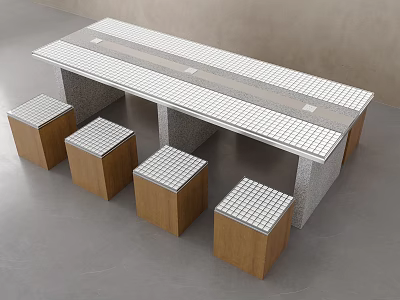 Modern Table and Stool Set with White Grid Tile Top and Wooden Bases 3d model