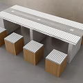 Modern Table and Stool Set with White Grid Tile Top and Wooden Bases