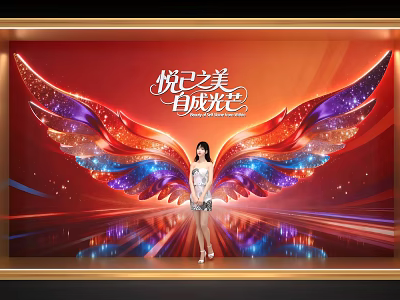 Popular Photo Check-in Spot With Woman And Colorful Sparkling Wings Background 3d model