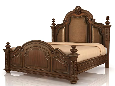 Classical Wooden Double Bed With Ornate Carved Details And Leather Upholstered Headboard 3d model