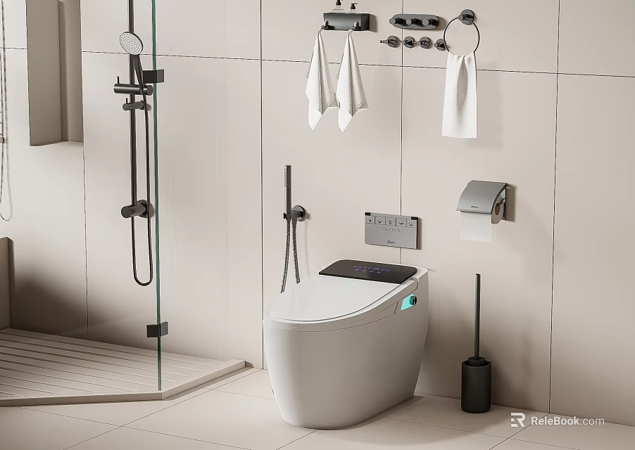 Modern Smart Toilet in Bathroom with White Tiled Walls Towel Racks and Toilet Brush 3d model 