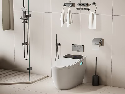 Modern Smart Toilet in Bathroom with White Tiled Walls Towel Racks and Toilet Brush 3d model