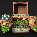 Open Wooden Chest With Bottles Plants Jars And Books Inside