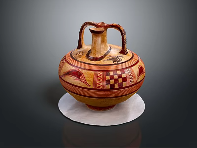 Ancient Amphora With Double Handles And Red Black Geometric Patterns On White Circular Base 3d model
