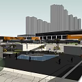 Modern Urban Square With Geometric Buildings Orange White Roofs Green Landscaping Pedestrian Areas
