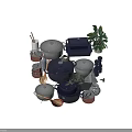 Colorful Cookware Set With Blue Gray Copper Pots Spatulas Salt Pepper Shakers And Decorative Plant