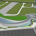 Modern Sales Office Building With Curved Green Roof And Landscaped Surroundings