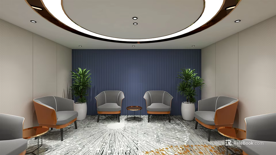 Hotel Public Lounge With Comfortable Gray Chairs Indoor Plants And Blue Accent Wall 3d model 