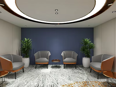 Hotel Public Lounge With Comfortable Gray Chairs Indoor Plants And Blue Accent Wall 3d model