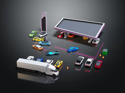 Various Cars And Truck At Toll Booth With Traffic Cones And Signs 3d model