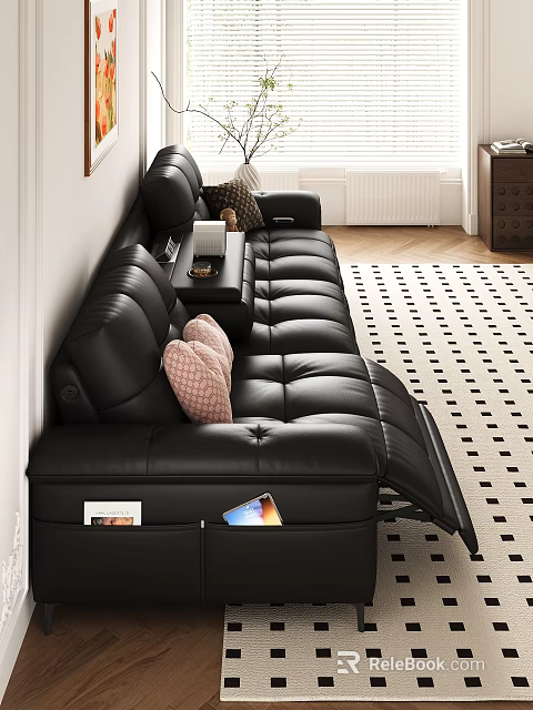 Black Leather Reclining Multi Person Sofa With Cushions Storage And Side Table 3d model 