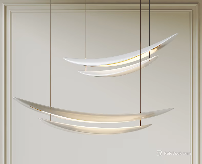 Modern Elegant Curved Leaf Shaped White Chandeliers Hanging On Light Wall 3d model