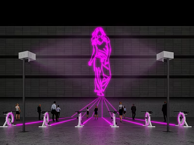 Outdoor Public Art Installation With Pink Projected Figure And People Around Lighting 3d model