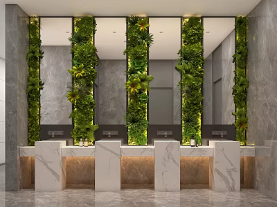 Modern Bathroom Washbasin Design With Living Plant Walls And Marble Countertops 3d model
