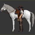 3D Cowboy Character Standing With White Horse And Brown Saddle