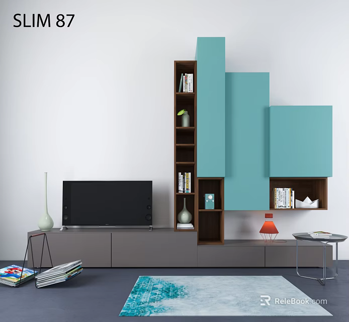 Modern TV Stand with Teal Gray Cabinets Shelves Flat Screen TV and Decorative Items 3d model 
