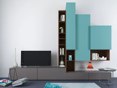 Modern TV Stand with Teal Gray Cabinets Shelves Flat Screen TV and Decorative Items 3d model