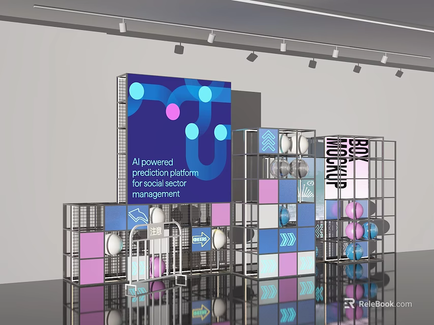 Al Powered Social Sector Prediction Platform Photo Spot With Colorful Grids Metal Frame And Lighting 3d model 