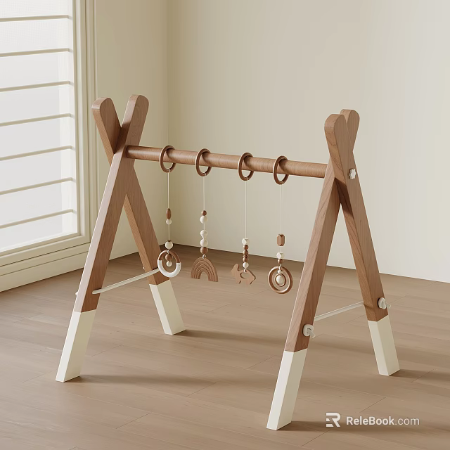 Wooden A Frame Baby Gym With Hanging Shape Toys And White Base 3d model 