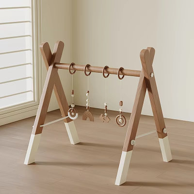 Wooden A Frame Baby Gym With Hanging Shape Toys And White Base 3d model