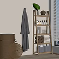Wicker Storage Baskets And Gray Robe On Wooden Ladder Shelf With Plant Clay Pot Blinds