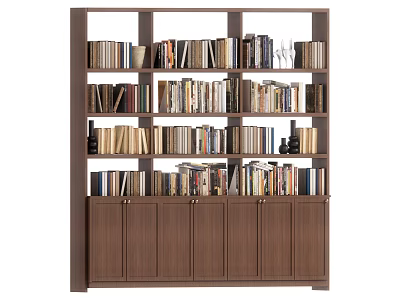 Modern Bookcase Design With Multiple Shelves Filled With Books And Bottom Cabinets 3d model