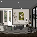 Modern Living Room Interior With White Sofas Striped Round Rug Coffee Table And Wall Artwork