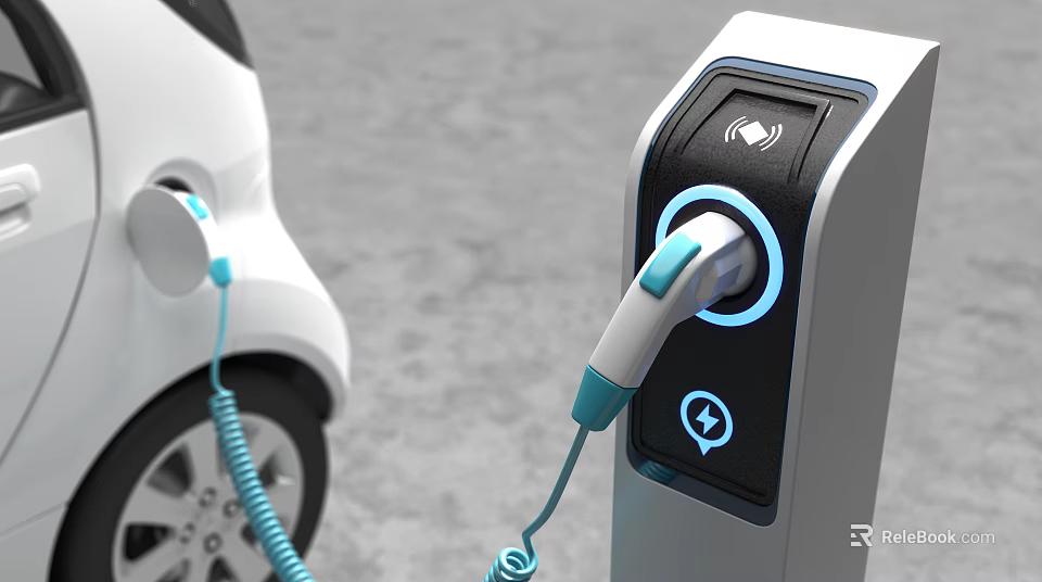 Electric Vehicle Charging At Modern Station With Blue Cable And Interface 3d model