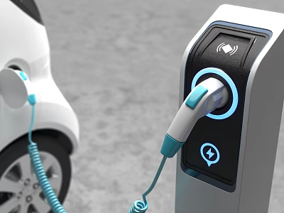 Electric Vehicle Charging At Modern Station With Blue Cable And Interface 3d model