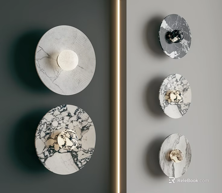 Modern Circular Wall Decor with Marble Texture and Varied Patterns Mounted on Gray Wall 3d model 