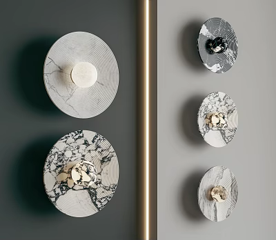 Modern Circular Wall Decor with Marble Texture and Varied Patterns Mounted on Gray Wall 3d model