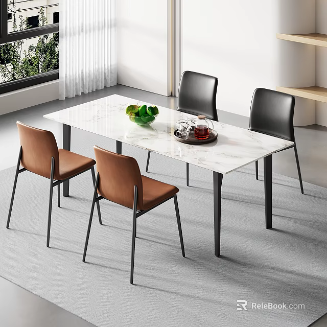 Modern Dining Table Set With White Marble Top And Brown Black Leather Chairs 3d model 
